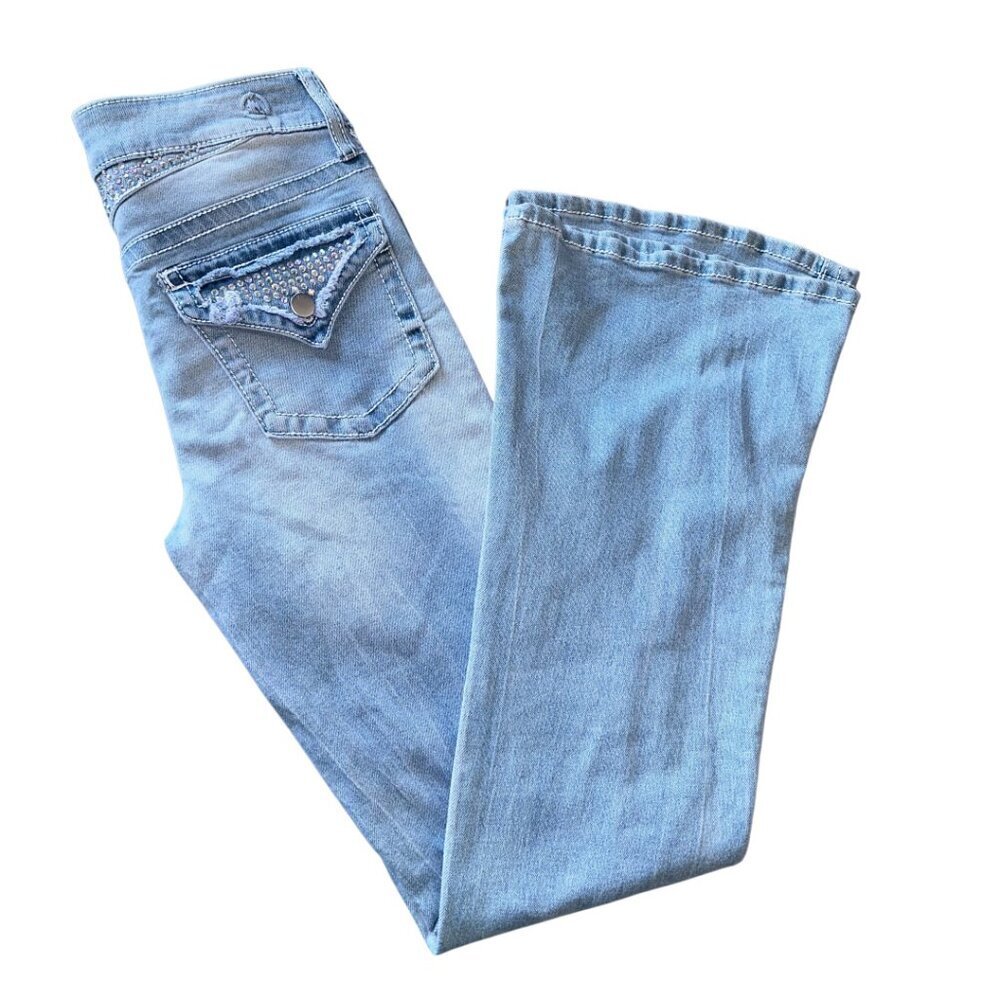 PTCL Ethical Clothing Women Light Blue Flare Bootcut Jeans Size 30 Jewel Pockets